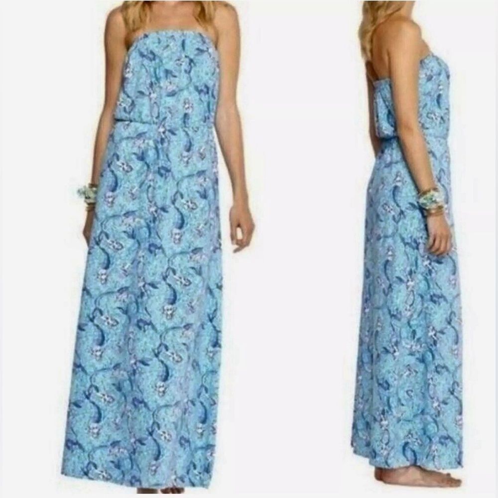 Lilly Pulitzer Maxi Dress Strapless Marlisa Nice Tail Mermaids Blue